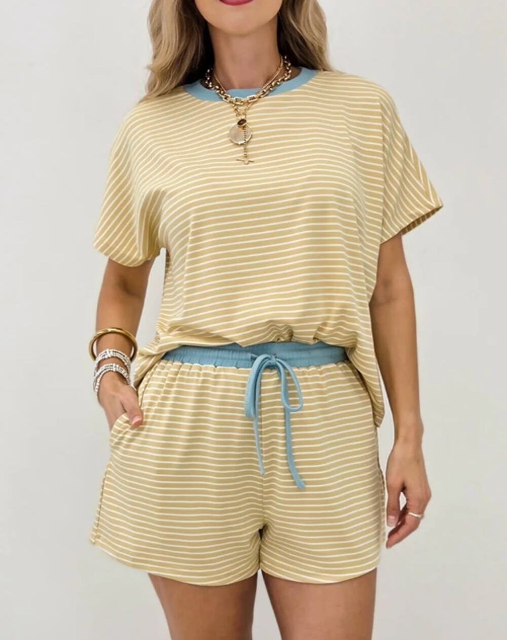 Anniewear Yellow White Stripe Lounge Small Blue Trim Pocket Shorts Matching Set